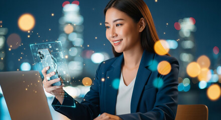 Confident businesswoman uses futuristic holographic interface on smartphone to analyze data in a vibrant city at night