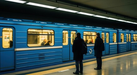 Subway train at the station with people waiting on platform