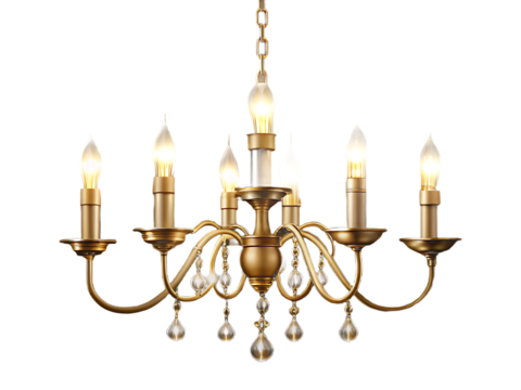 Antique Brass Chandelier with Crystal Drops and Flame Bulbs gold metal isolated on a transparent background