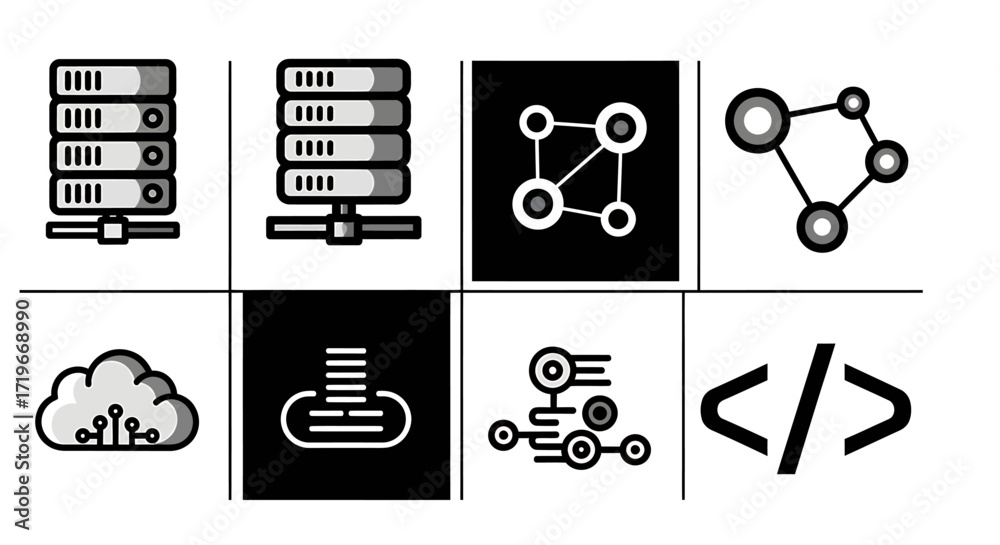 Wall mural monochrome server network icons: data storage, cloud computing, and code