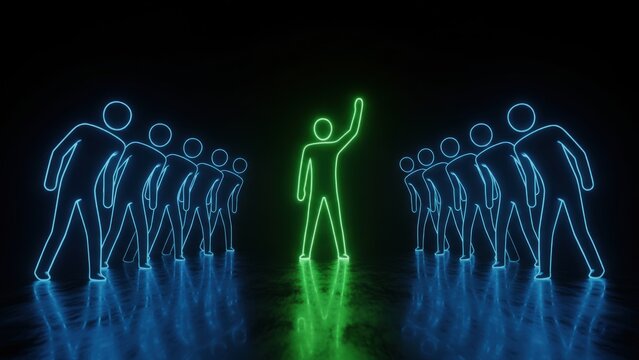 A central green neon figure standing a confidently among blue team figures for vendor management, supplier management