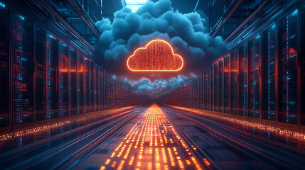 Digital data flows through a futuristic server room, connecting to a glowing cloud computing network, symbolizing modern technology and global information.
