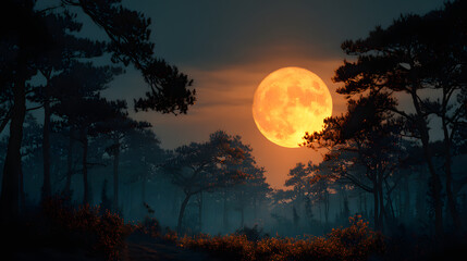 illustration depicting a spooky Halloween night under a bright orange moon surrounded by dark silhouettes of trees