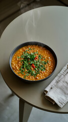 A bowl of steaming bean stew topped with fresh parsley and red chili peppers on a round table