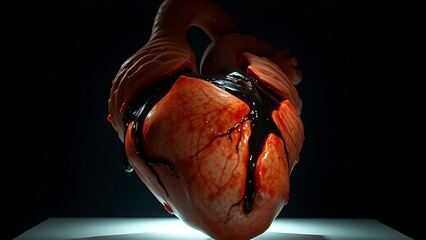 Abstract sculpture of a human heart with dark material seeping from within.
