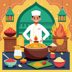 Chef preparing a delicious indian meal with spices and ingredients