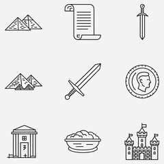 Fototapeta premium Ancient Civilizations Icons Pyramids, Scrolls, Swords, Coins, Temples, and Castles