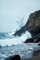 Obraz premium Ocean Waves Crashing Against Rugged Coastal Cliffs, Creating a Dramatic Seascape of Whitewater and Dark Rocks
