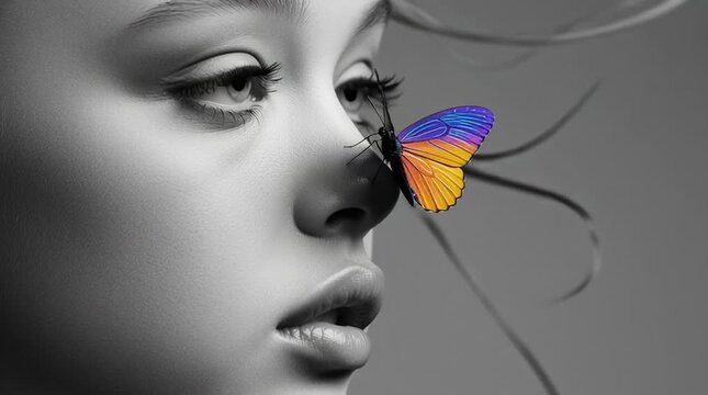 A Tranquil Grayscale Womans Profile, a Butterfly on Her Nose Slowly Gains Vibrant Blue and Orange Wings, Illustrating Delicate Metamorphosis and Artistic Color Transformation
