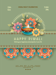 Happy Diwali Poster Template. Festive paper cut style banner with decorative patterned rangoli and flowers