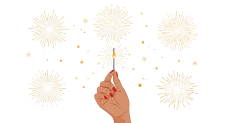 Hand holding a sparkler with fireworks in the background isolated on transparent background