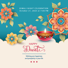Happy Diwali banner. Happy Diwali Festival with Oil Lamp, Rangoli Decoration with Dia