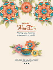 Happy Diwali Poster Template. Traditional Indian background with diya lamp. Paper graphic of Indian holiday design