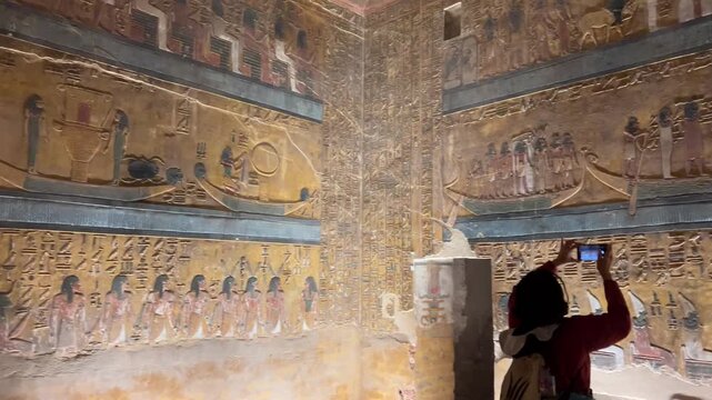 Wall relief of solar barque and deities in the Tomb of Seti I, Valley of the Kings