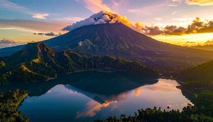A serene landscape showcasing a towering mountain, a reflective lake, and a vibrant sunset. The sky displays hues of gold and blue, creating a peaceful atmosphere