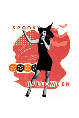 Vertical photo collage of happy witch girl dance halloween vacation spooky pumpkin show enchantress isolated on painted background