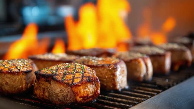 Savory Grill Delights: Sizzling steaks bask in the fiery embrace of a radiant grill, their textures and char marks conveying culinary mastery and the pure essence of gourmet grilling.