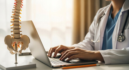 Professional doctor analyzing spine model and typing on laptop, capturing modern healthcare data and patient care.