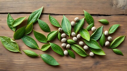 Fresh Tea Leaves on Rustic Wooden Surface Overhead View

