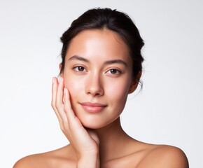 Fototapeta premium A captivating portrait of a woman with flawless skin, showcasing her delicate features in a serene and elegant pose.
