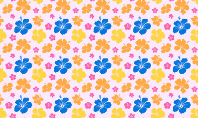 Hibiscus flowers pattern recreates the atmosphere of Hawaii. Tropical flowers and leaves combine in a harmonious style. The design is perfect for an aloha shirt or summer dresses