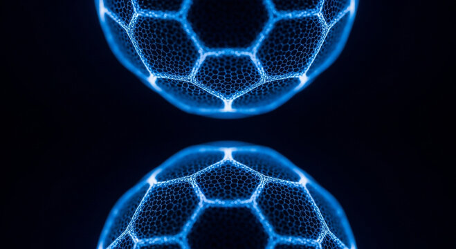 Abstract glowing blue geometric network sphere pulsating with futuristic digital energy against dark backdrop