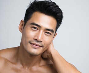 Naklejka premium A pleasant, close-up portrait of a man with smooth, healthy-looking skin and a subtle smile, showcasing a groomed appearance against a neutral backdrop.