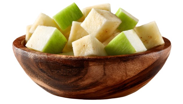 apple cubes freshly cut and piled in a wooden bowl ready for snacking or baking isolated on a white background