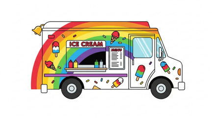Ice cream truck, a delightful mobile dessert shop adorned with rainbow hues and sweet treats, ready to bring joy to all