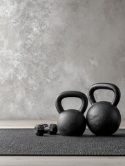 Fototapeta premium A sleek workout space features two black kettlebells and a pair of dumbbells resting on a textured mat. The backdrop is a smooth, light-colored wall. Perfect for strength training