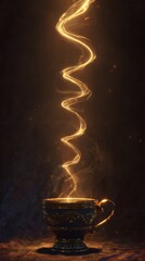 longevity. Vintage coffee cup with an infinite glowing spiral, symbolizing longevity and ritual. bar promotions, beverage menus, designed for food & beverage menus and cafe branding.