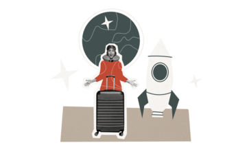 Composite trend artwork sketch collage of vacation rest young lady hold baggage travel moving earth globe planet space travel trip holiday