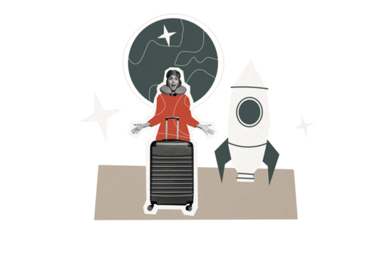 Composite trend artwork sketch collage of vacation rest young lady hold baggage travel moving earth globe planet space travel trip holiday