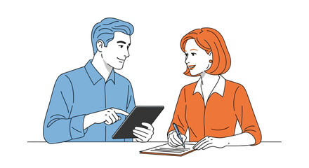 Fototapeta premium Professional collaboration: Man using tablet while woman takes notes during a meeting