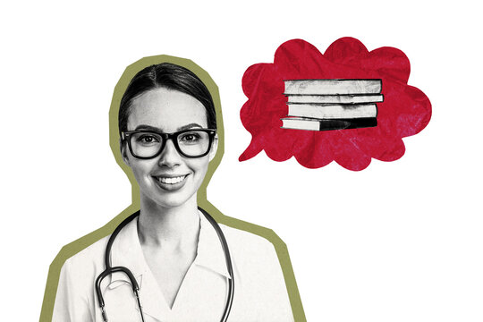 Composite photo collage of happy doctor pharmacists girl wear uniform think book education literature intern isolated on painted background