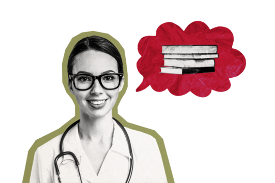 Composite photo collage of happy doctor pharmacists girl wear uniform think book education literature intern isolated on painted background