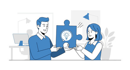 Teamwork and innovation shown through puzzle collaboration in a workplace environment