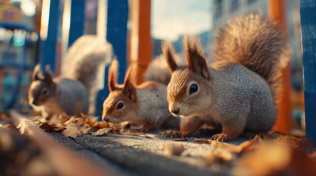 Squirrels roam free in a vibrant city park on a sunny autumn afternoon