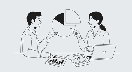 Business team discussing financial data represented by pie chart and graphs for strategy analysis
