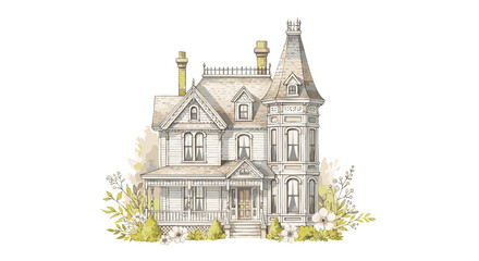 Obraz premium Elegant Victorian mansion illustration with intricate details and floral surroundings, showcasing architectural beauty from a front viewpoint