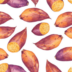 Vibrant watercolor sweet potato illustrations in orange, yellow, purple with dark speckles, forming a seamless repeating pattern against a transparent background, healthy food background concept
