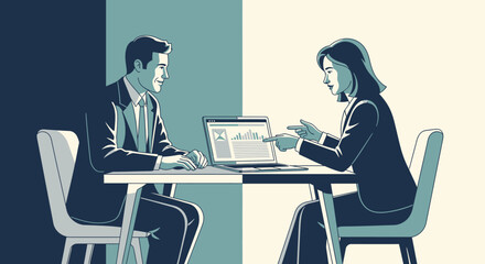 Business Meeting and Data Presentation: Two Professionals Discussing Charts and Graphs on a Laptop