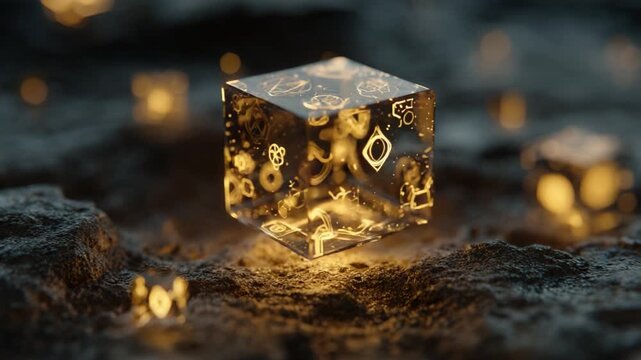Translucent cube with mysterious glowing golden symbols levitating and rotating above a dark, rocky ground, representing concepts of magic, ancient power, futuristic technology, and enigma