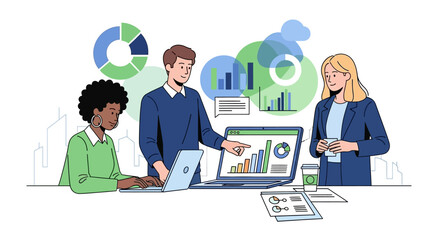 Diverse team collaborating on data analysis and business growth using modern technology in a