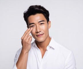 A man applies facial cream to his eyes, showcasing a neutral and focused expression against a plain backdrop.
