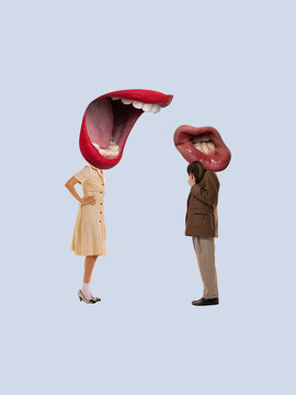 Contemporary collage. Woman with giant mouth shouting at man with smaller mouth in surreal style. Concept of conflict, communication dominance, media satire, and critique of social expression.