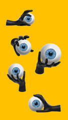 Black hands holding blue eyeballs on yellow background in surreal collage. Concept of control, vision, human focus, cultural observation, and awareness in society.