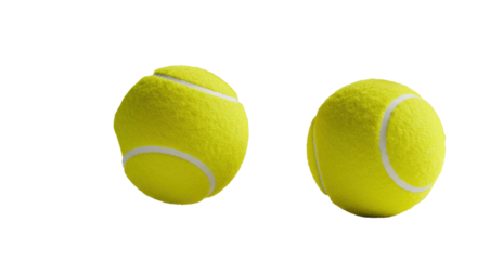 Several bright yellow tennis balls with white seams, some sharp, some motion-blurred, on a transparent studio background with copy space, dynamic athletic precision concept
