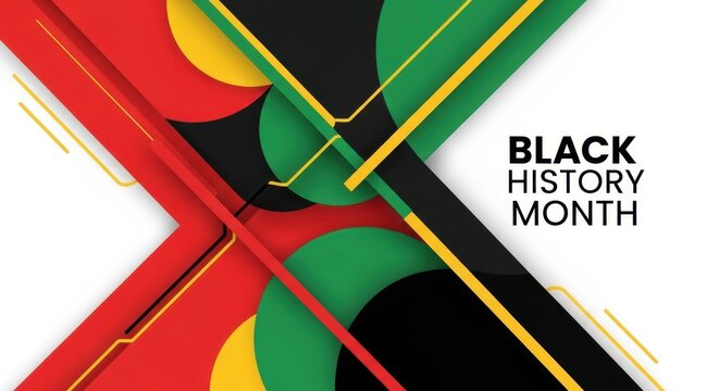 Black History Month abstract design with red, green, and yellow geometric shapes. Black History Month composition includes dynamic angled lines and a sense of motion.