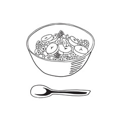Black and white line drawing of a bowl with sliced bananas, berries, nuts, and cereal. Minimalist food illustration with spoon isolated on white background.